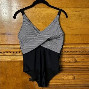 Nautical Modern Striped Wrap Front One Piece Swimsuit Black White Retro Inspired